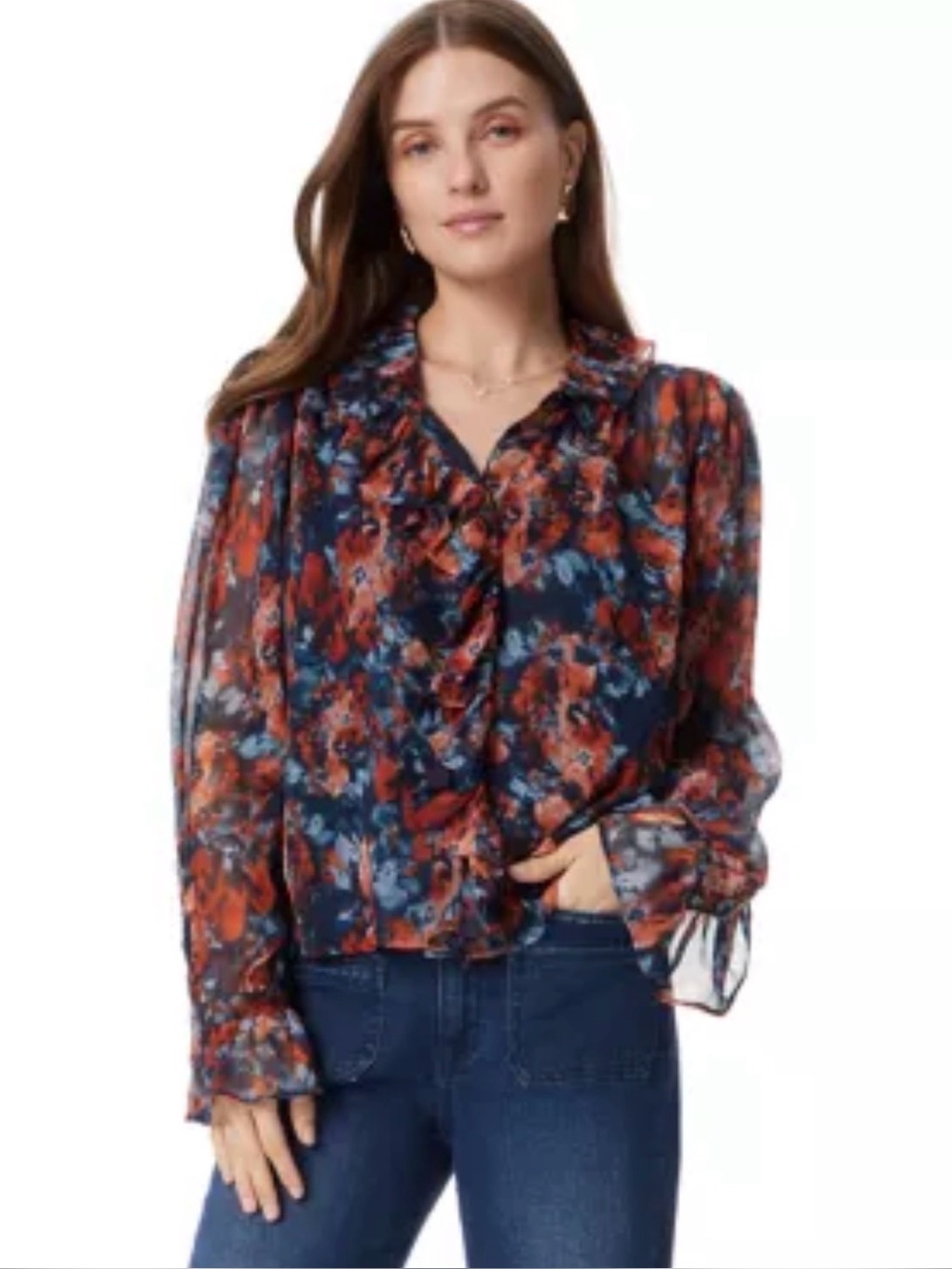 Sam Edelman Navy Floral Ruffle Tie-Neck Blouse